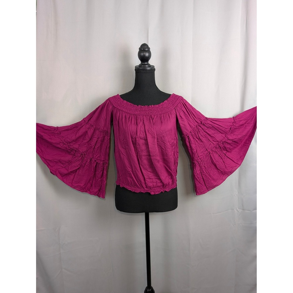 Free People " Free Spirit" Off The Shoulder Top SZ XS Magenta Ruffle Bell Sleeve - Picture 4 of 9